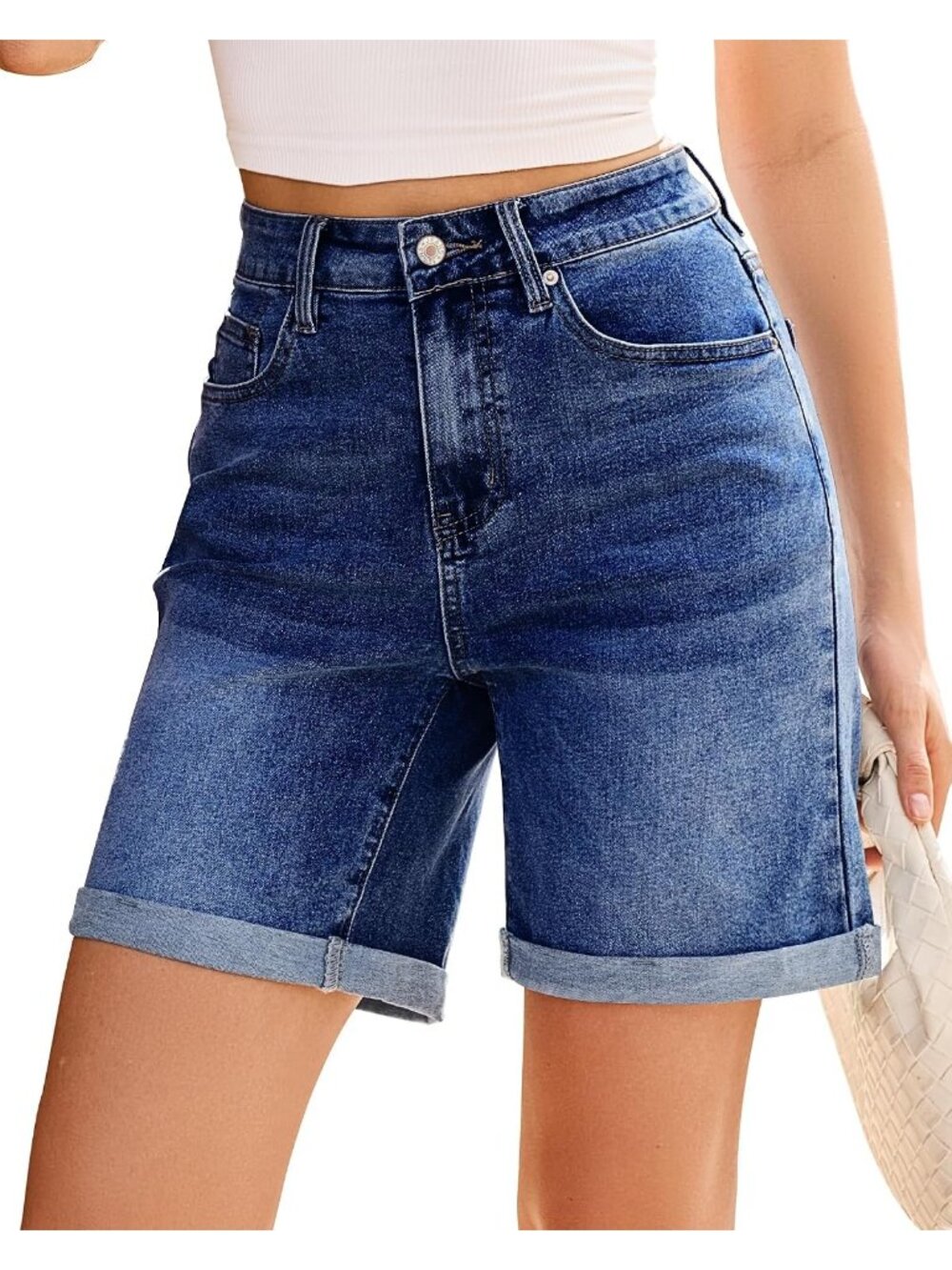 Women's Dark Blue High Waisted Fold Hem Stretchy 5 Basic Pocket Long Denim Short